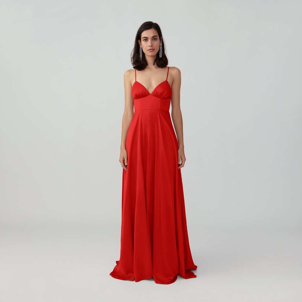 Fame and Partners | Strappy Tri Cup Gown | Matte Satin Red | Size 4